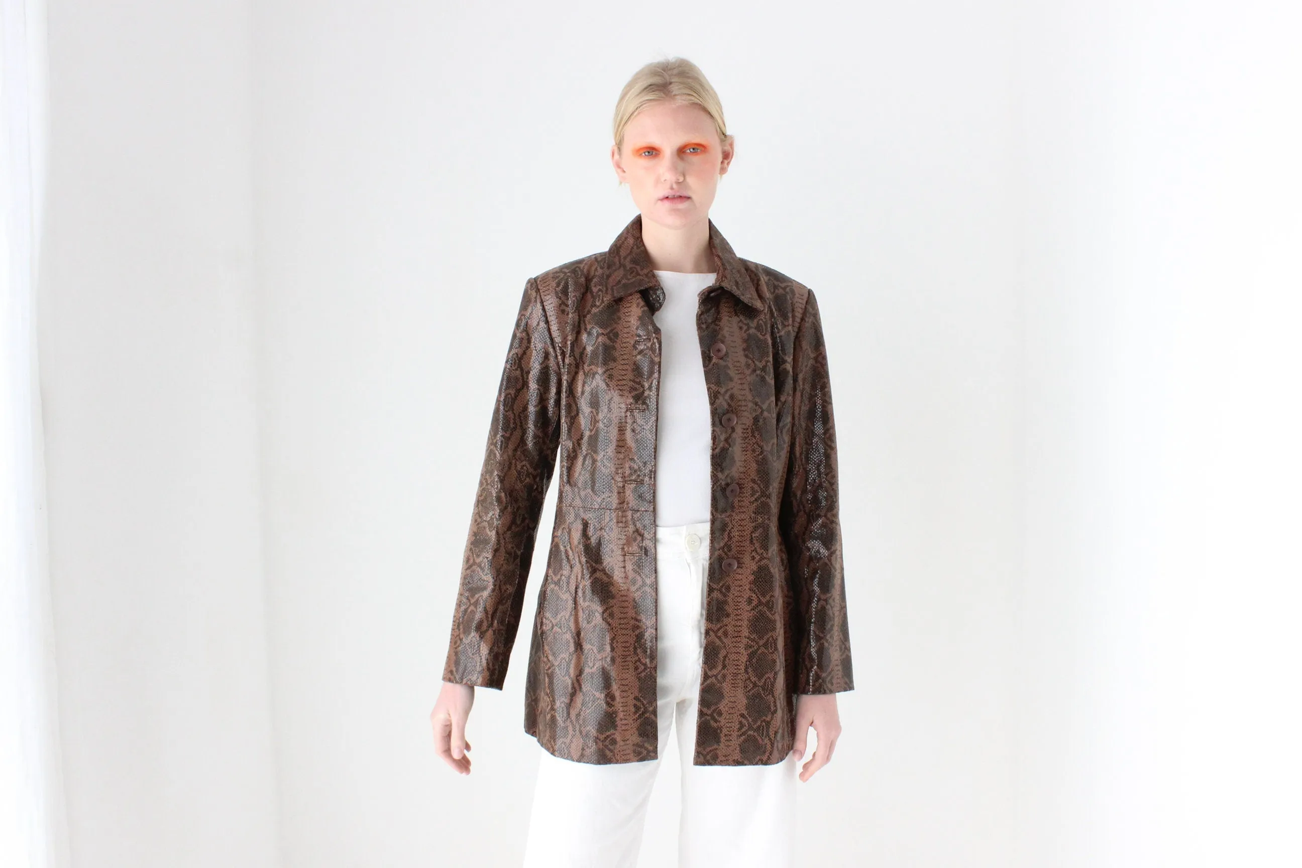 90s {Genuine Leather} Patent Chocolate Snakeskin Coat