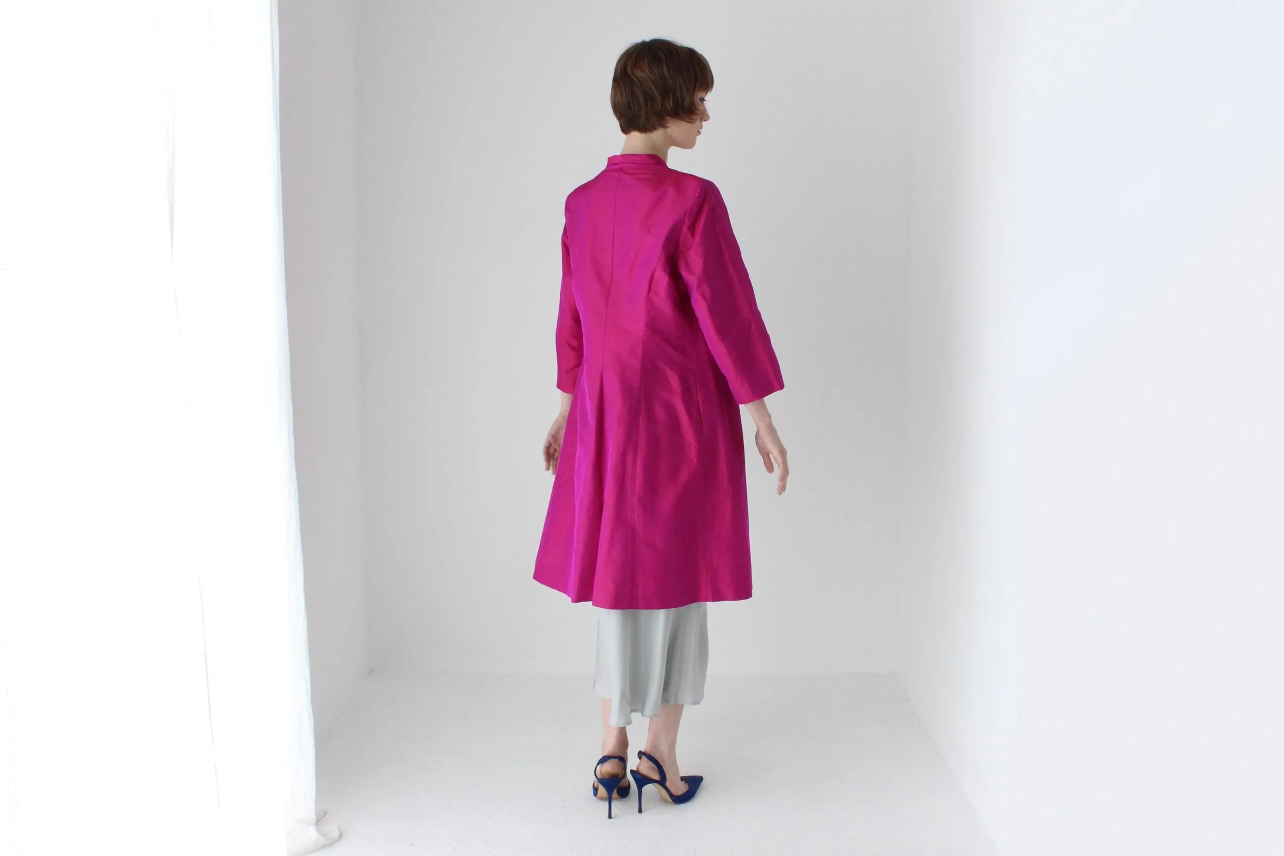 90s Metallic Silk Button Front Trench Coat