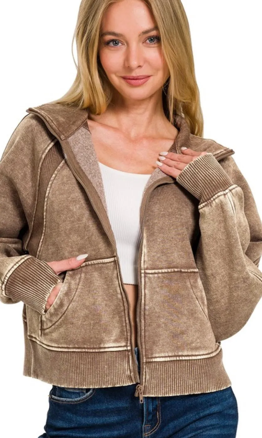 Albin Mocha Acid Wash Side Pocket Thumb Fleece Knit Top