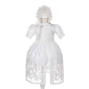 Baby Girls Christening Dress Newborn Lace Flower Embroidered Christening Gown Cape Bonnet and Headwear
