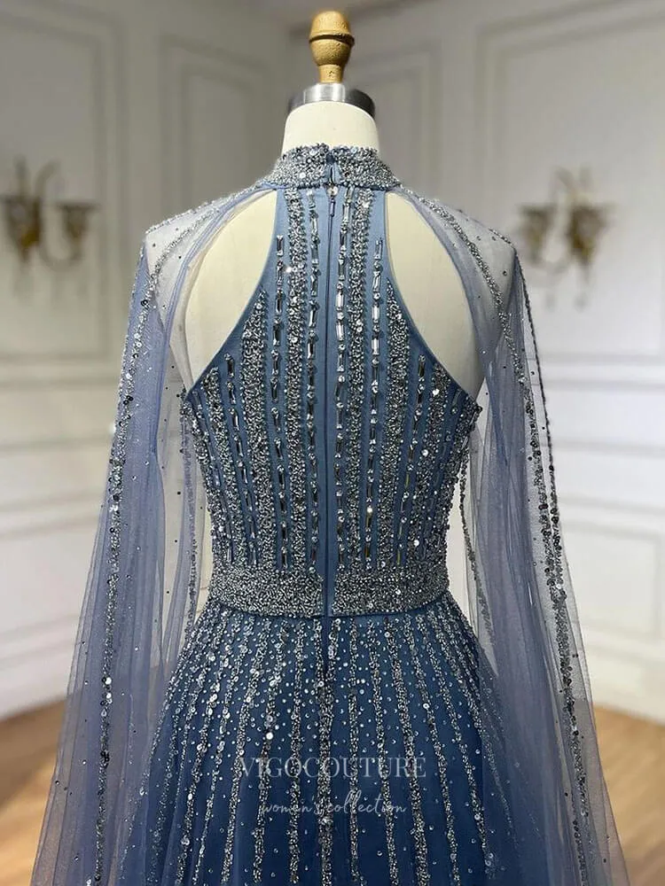 Beaded Cape Sleeve Prom Dresses Sparkly High Neck Pageant Dress 24526