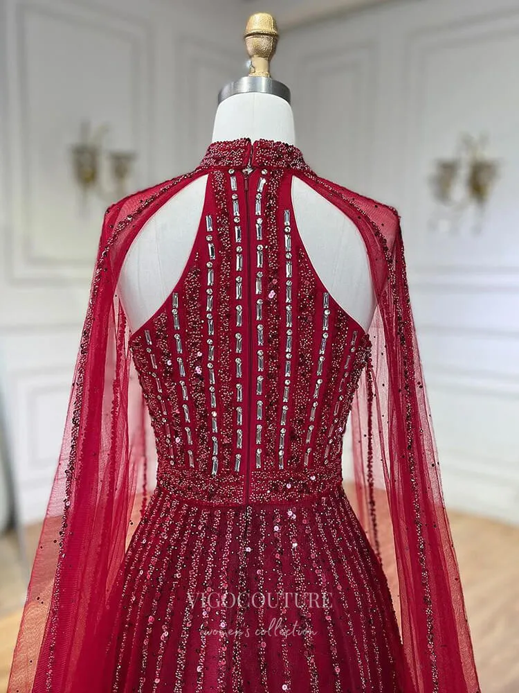 Beaded Cape Sleeve Prom Dresses Sparkly High Neck Pageant Dress 24526