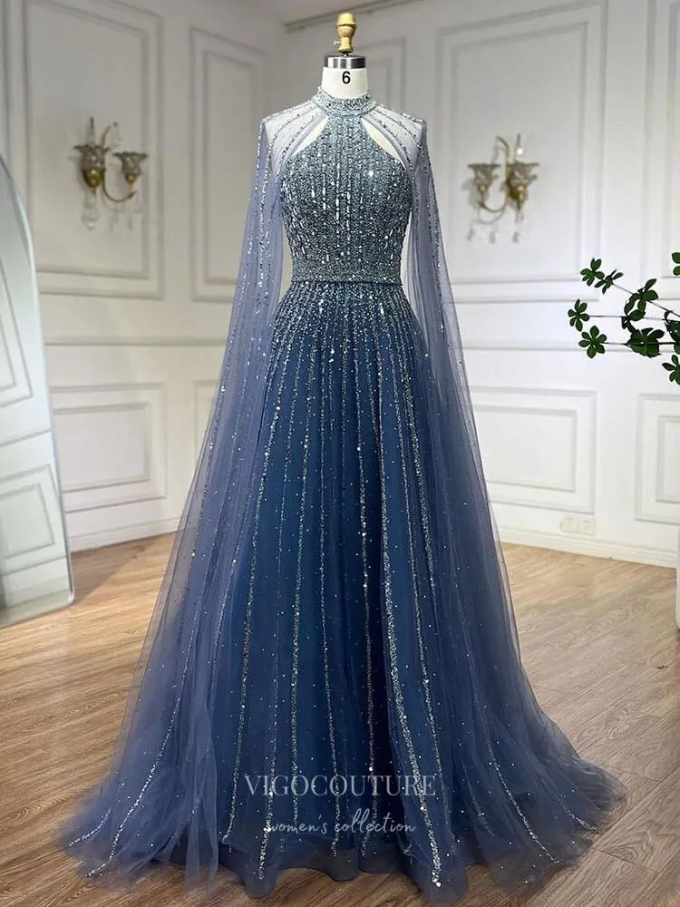 Beaded Cape Sleeve Prom Dresses Sparkly High Neck Pageant Dress 24526
