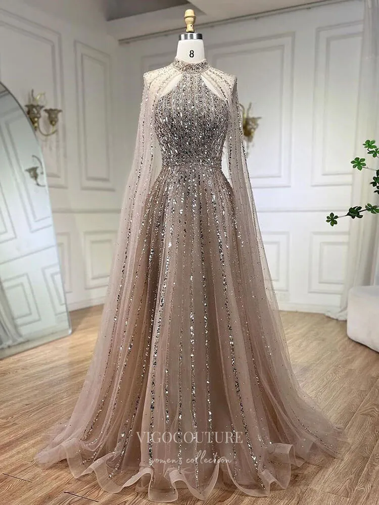 Beaded Cape Sleeve Prom Dresses Sparkly High Neck Pageant Dress 24526