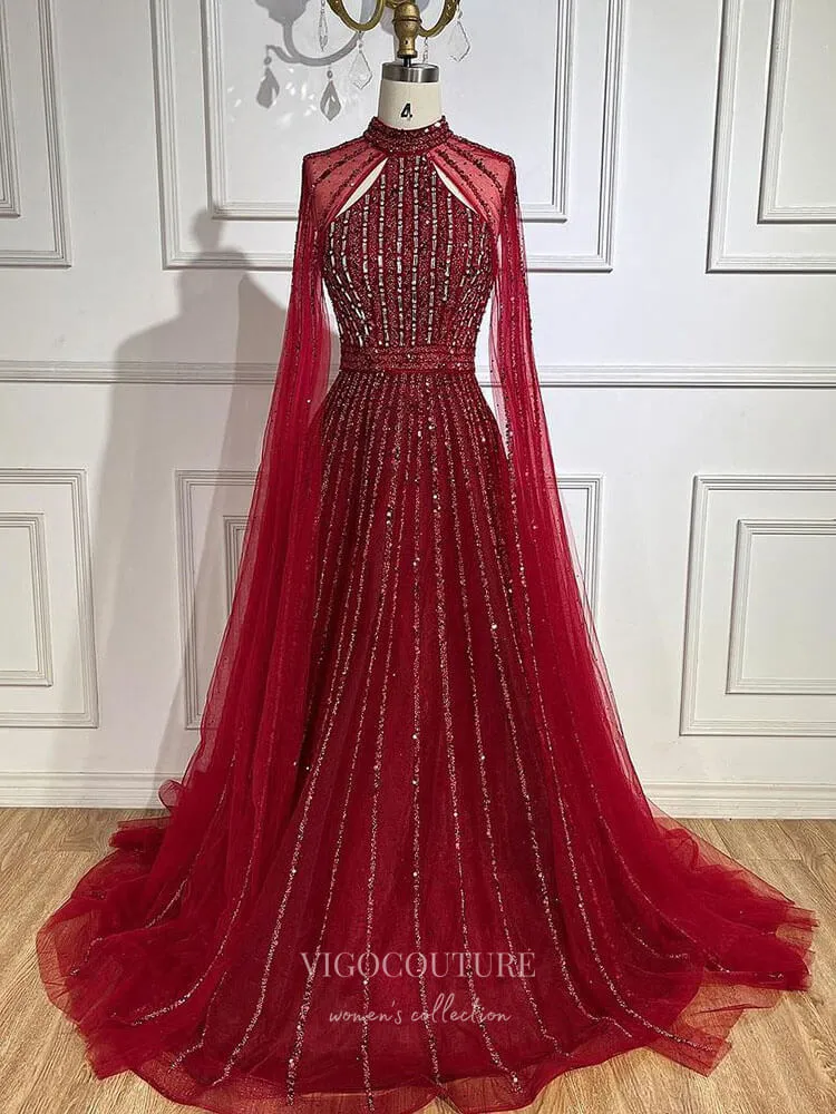 Beaded Cape Sleeve Prom Dresses Sparkly High Neck Pageant Dress 24526