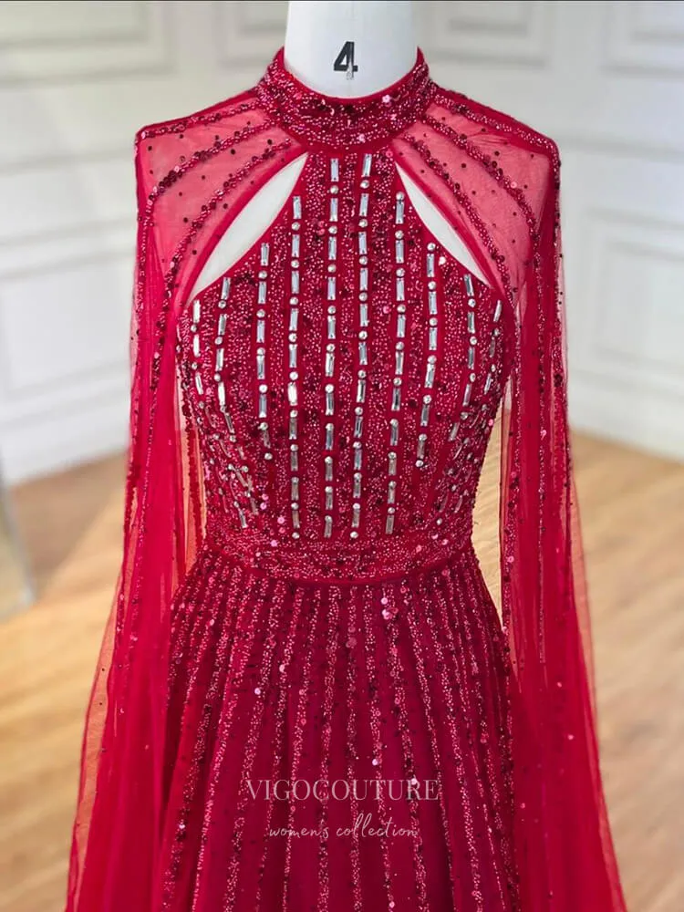 Beaded Cape Sleeve Prom Dresses Sparkly High Neck Pageant Dress 24526