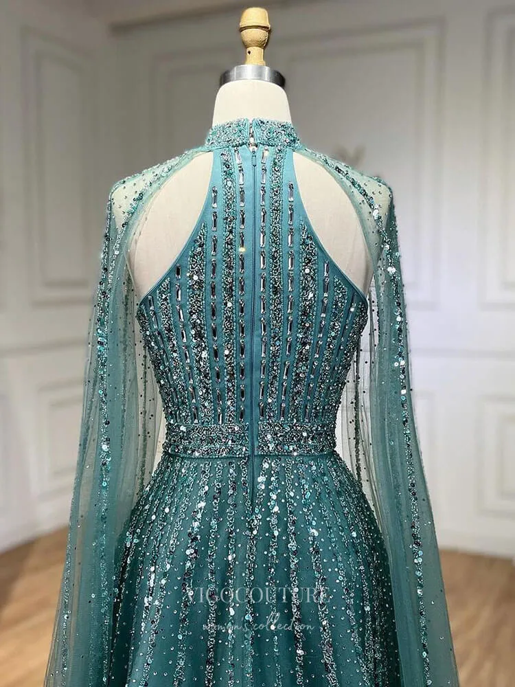 Beaded Cape Sleeve Prom Dresses Sparkly High Neck Pageant Dress 24526