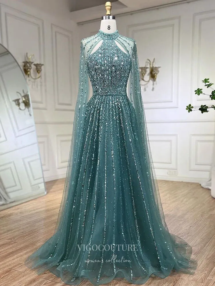 Beaded Cape Sleeve Prom Dresses Sparkly High Neck Pageant Dress 24526