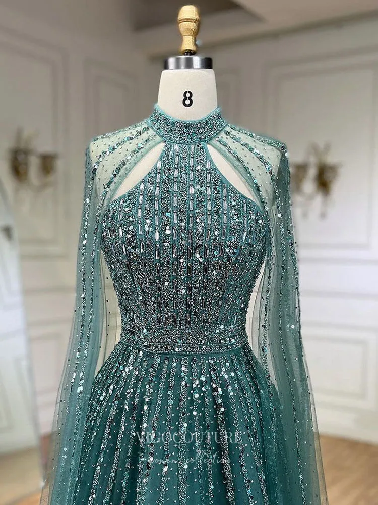 Beaded Cape Sleeve Prom Dresses Sparkly High Neck Pageant Dress 24526