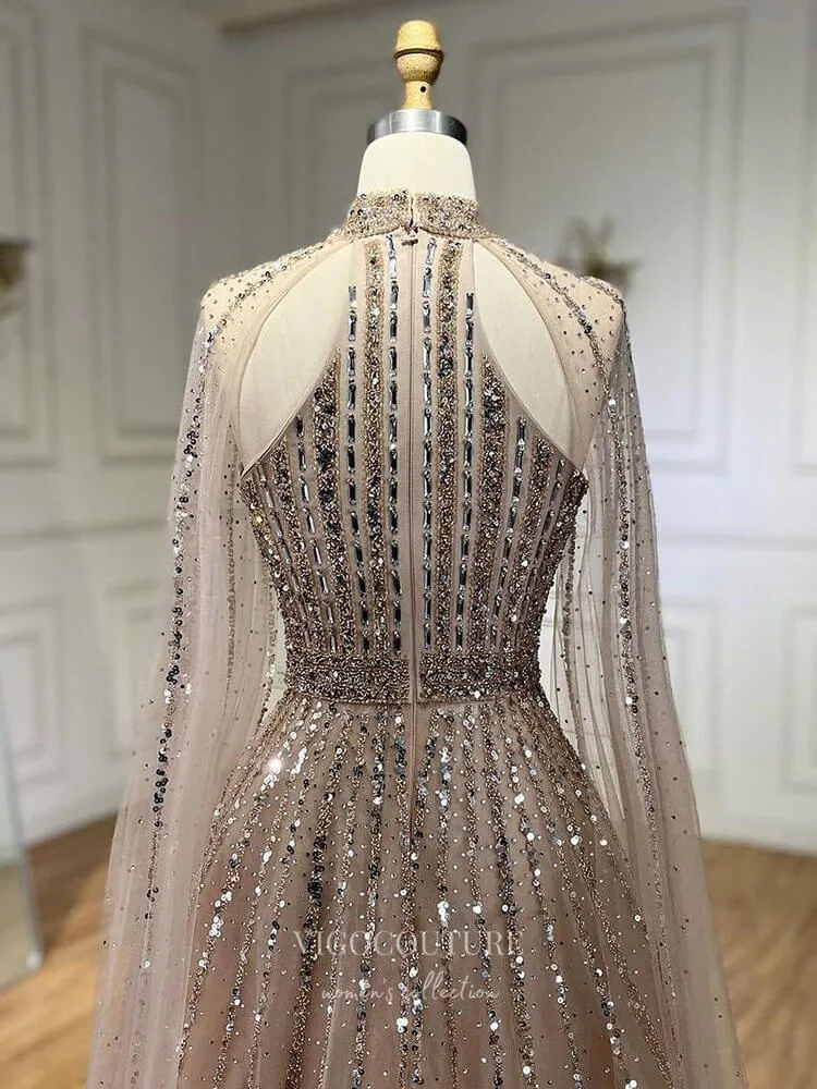 Beaded Cape Sleeve Prom Dresses Sparkly High Neck Pageant Dress 24526