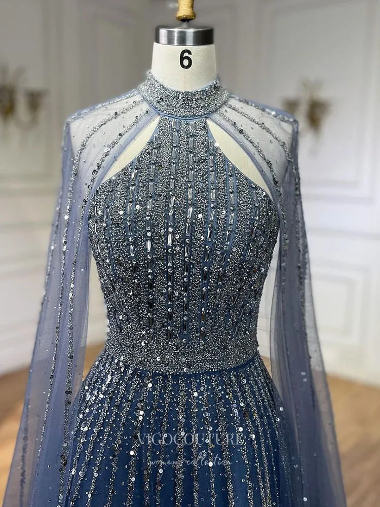 Beaded Cape Sleeve Prom Dresses Sparkly High Neck Pageant Dress 24526
