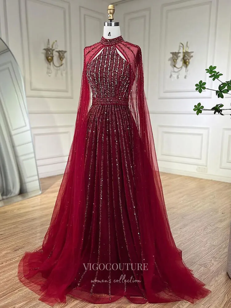 Beaded Cape Sleeve Prom Dresses Sparkly High Neck Pageant Dress 24526