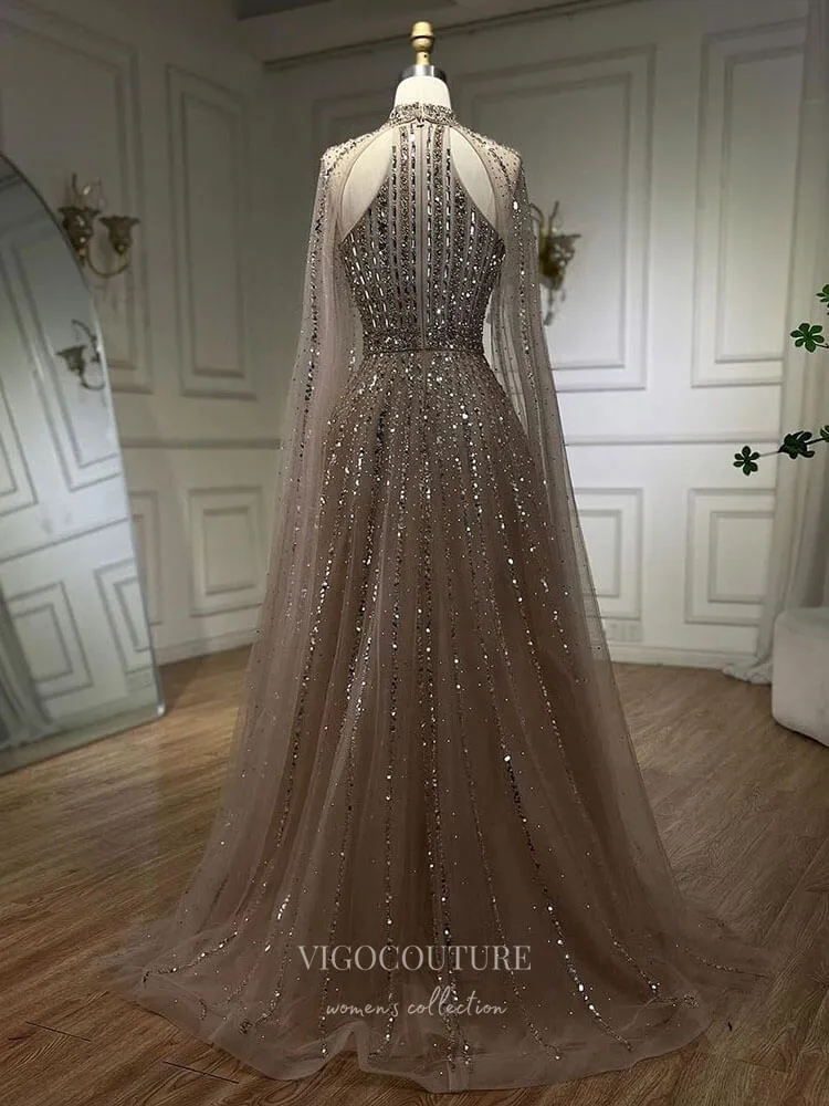 Beaded Cape Sleeve Prom Dresses Sparkly High Neck Pageant Dress 24526