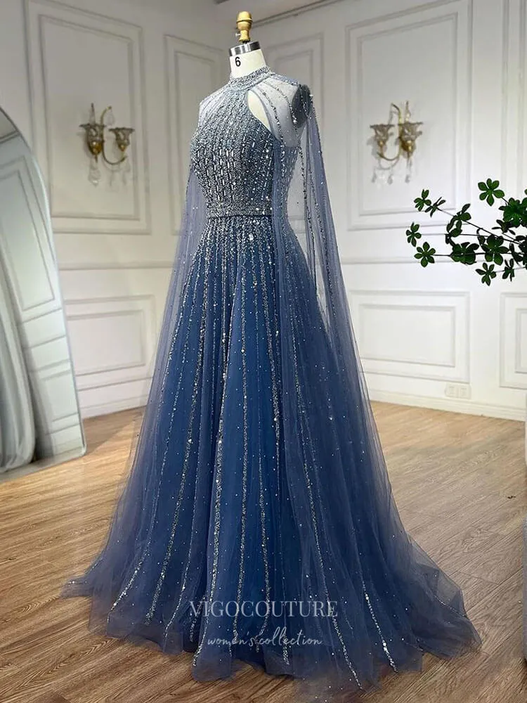 Beaded Cape Sleeve Prom Dresses Sparkly High Neck Pageant Dress 24526