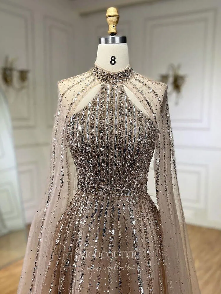 Beaded Cape Sleeve Prom Dresses Sparkly High Neck Pageant Dress 24526