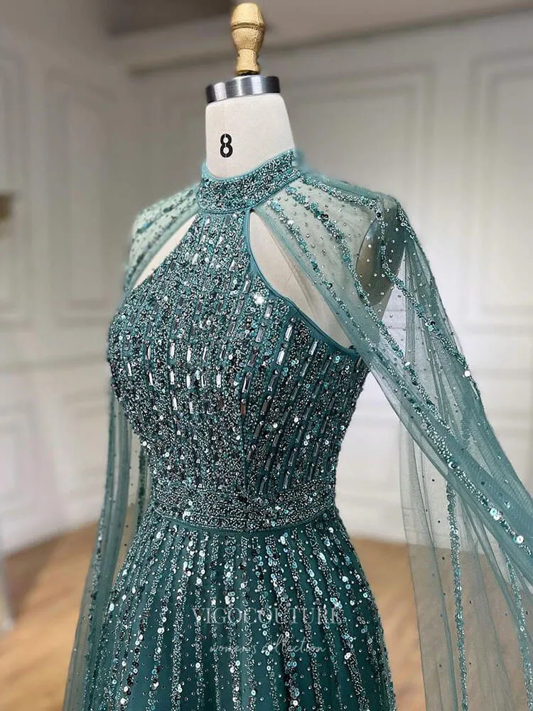 Beaded Cape Sleeve Prom Dresses Sparkly High Neck Pageant Dress 24526