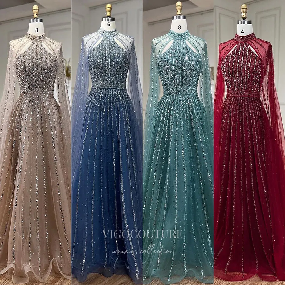 Beaded Cape Sleeve Prom Dresses Sparkly High Neck Pageant Dress 24526