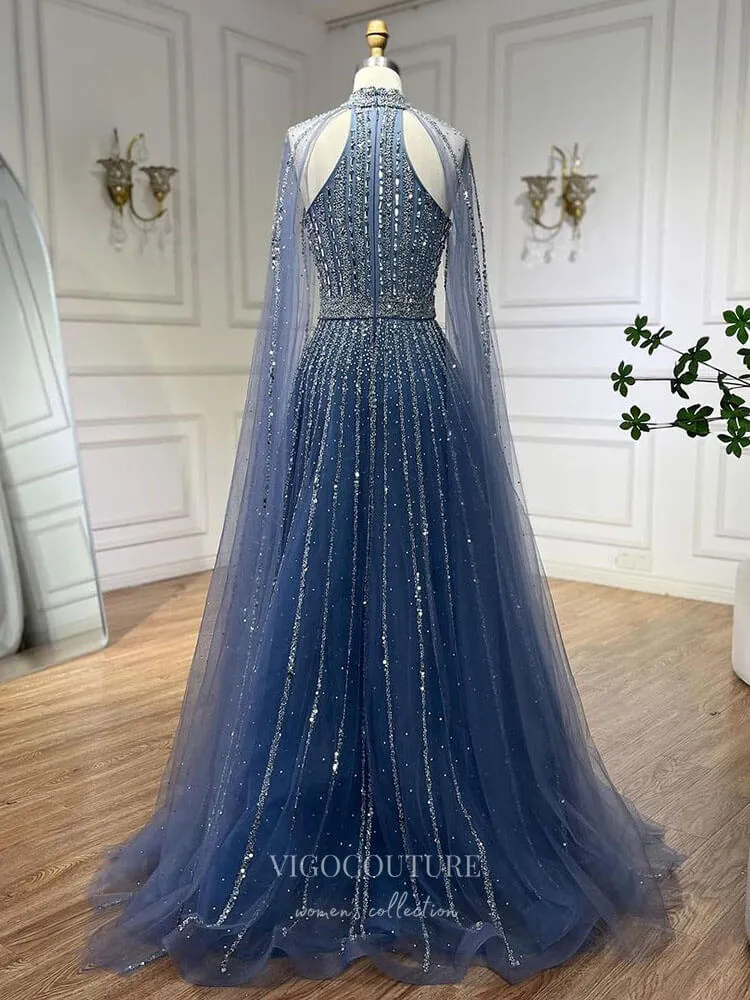 Beaded Cape Sleeve Prom Dresses Sparkly High Neck Pageant Dress 24526