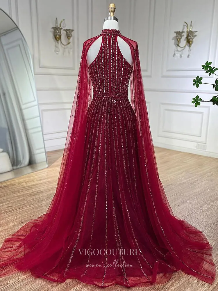 Beaded Cape Sleeve Prom Dresses Sparkly High Neck Pageant Dress 24526