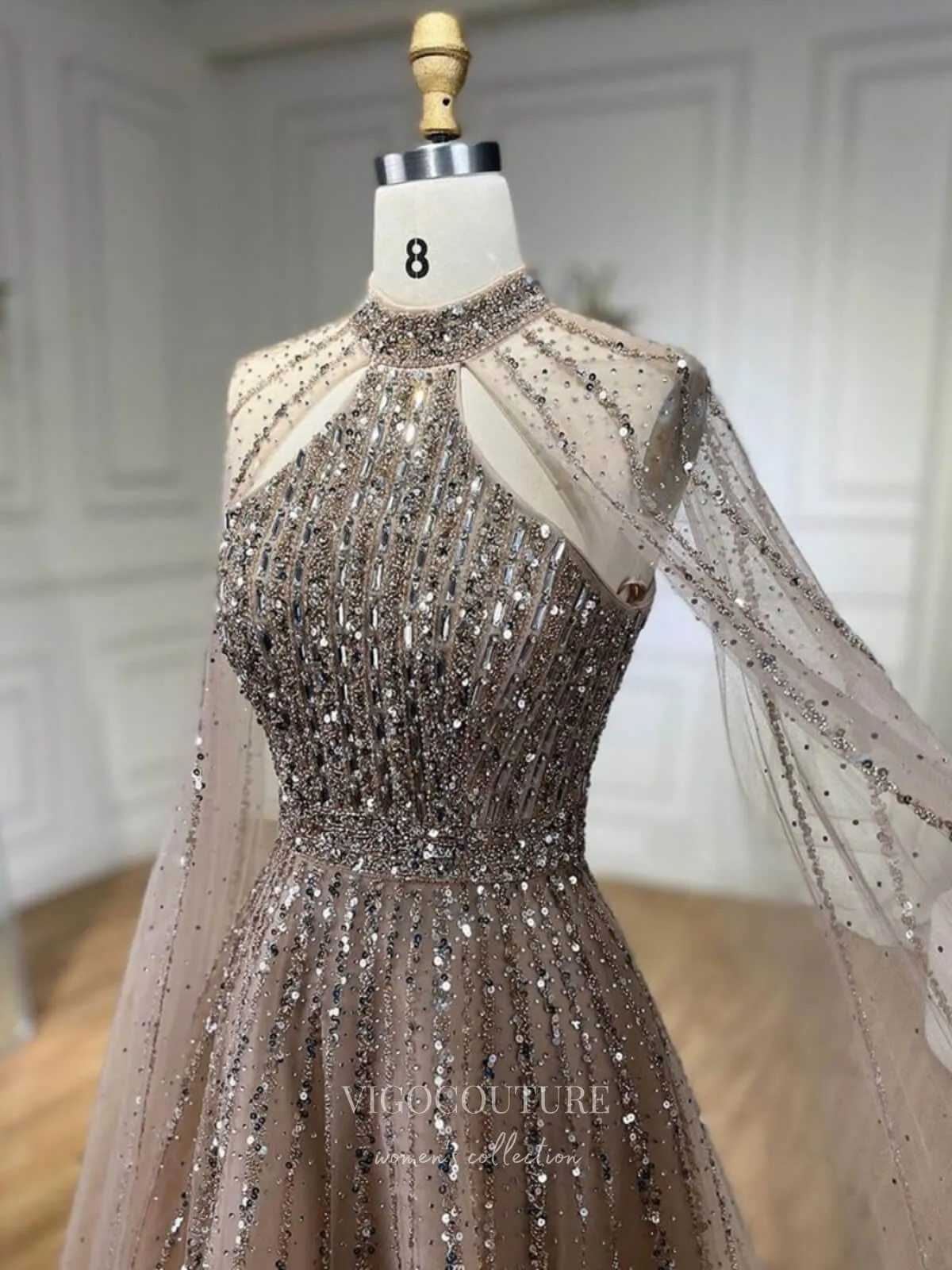 Beaded Cape Sleeve Prom Dresses Sparkly High Neck Pageant Dress 24526
