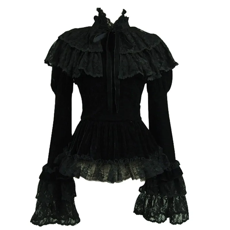 (BFM)Lace Garden~Black Lolita Cape Velvet Winter Lolita Short Shirt