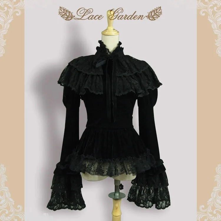 (BFM)Lace Garden~Black Lolita Cape Velvet Winter Lolita Short Shirt