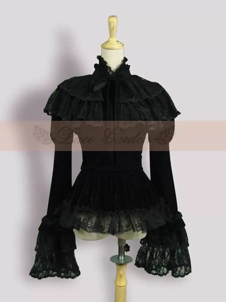 (BFM)Lace Garden~Black Lolita Cape Velvet Winter Lolita Short Shirt