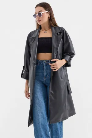 BGD Women Belted Faux Leather Trench Coat - Black - Avondale