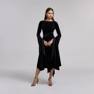 Black Cape Sleeve Twist-Waist Velvet Dress