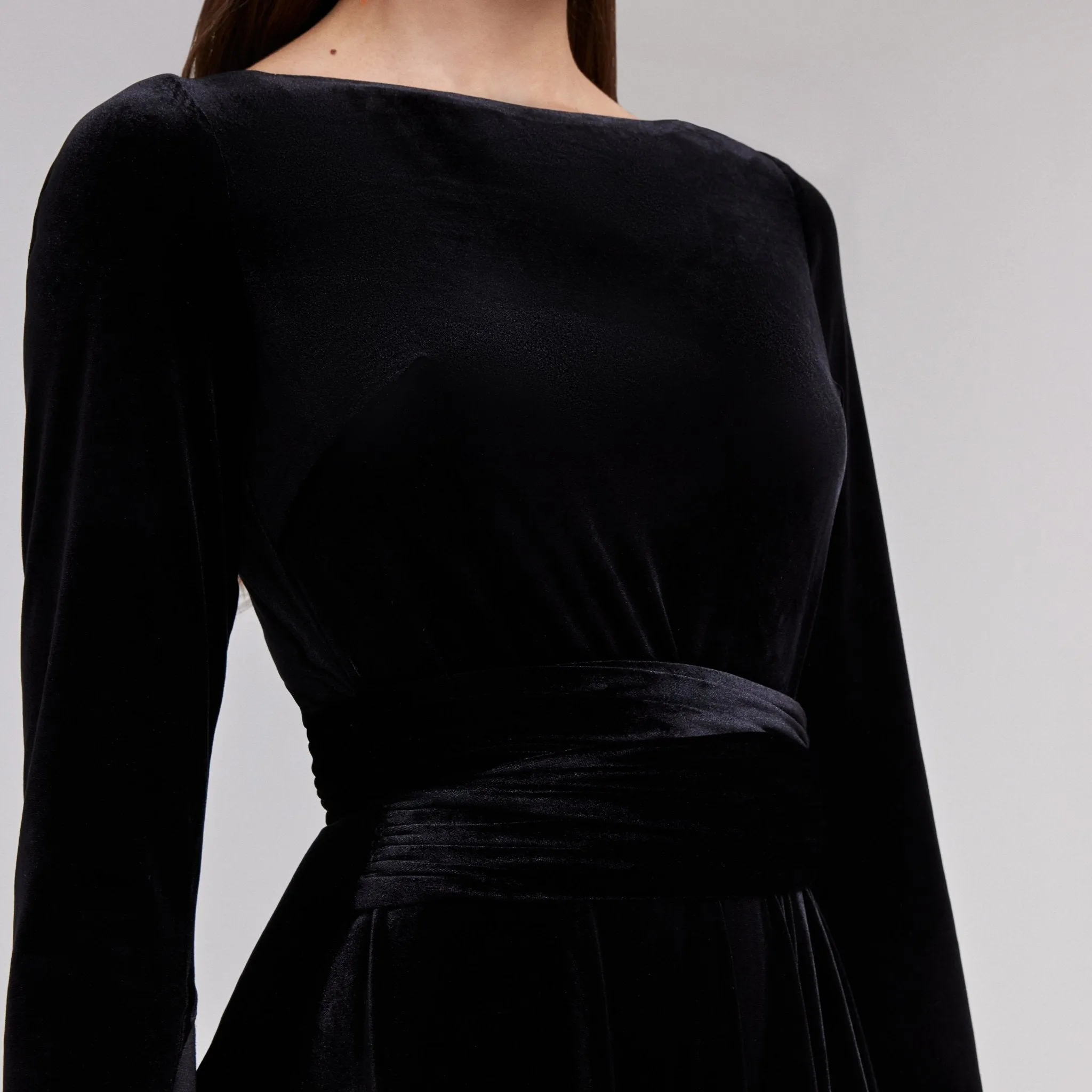 Black Cape Sleeve Twist-Waist Velvet Dress