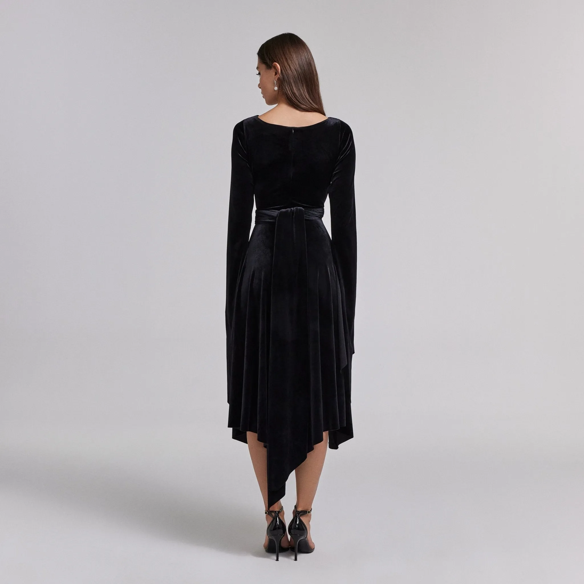 Black Cape Sleeve Twist-Waist Velvet Dress