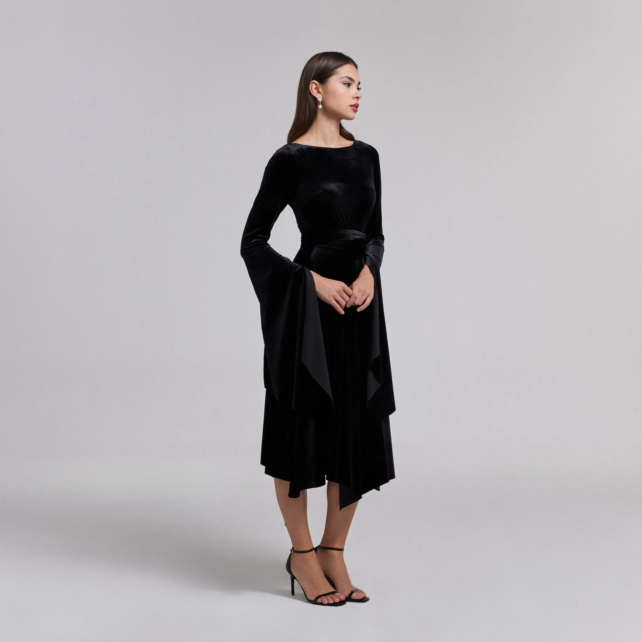 Black Cape Sleeve Twist-Waist Velvet Dress
