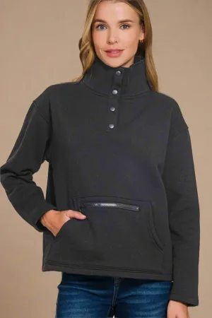 Black Half Snap Fleece Sweatshirt