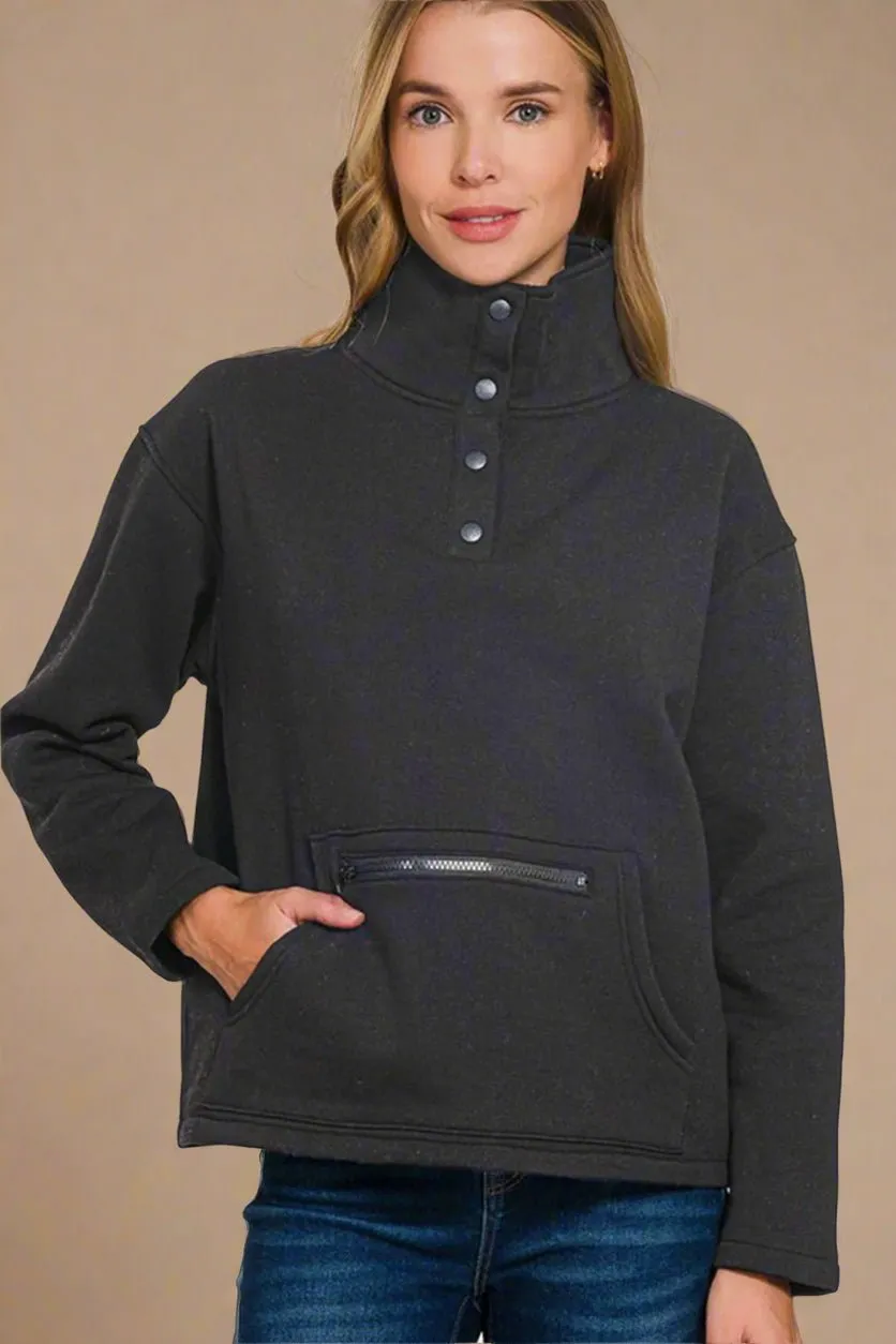 Black Half Snap Fleece Sweatshirt