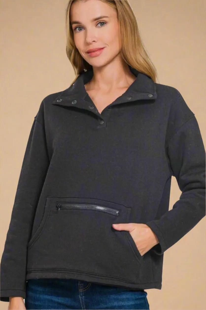 Black Half Snap Fleece Sweatshirt