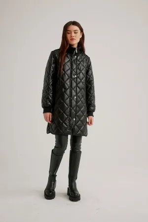 Black Quilted Faux Leather Coat