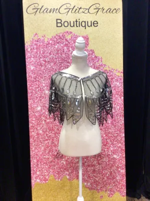 Black Silver Sequin Shawl Cape