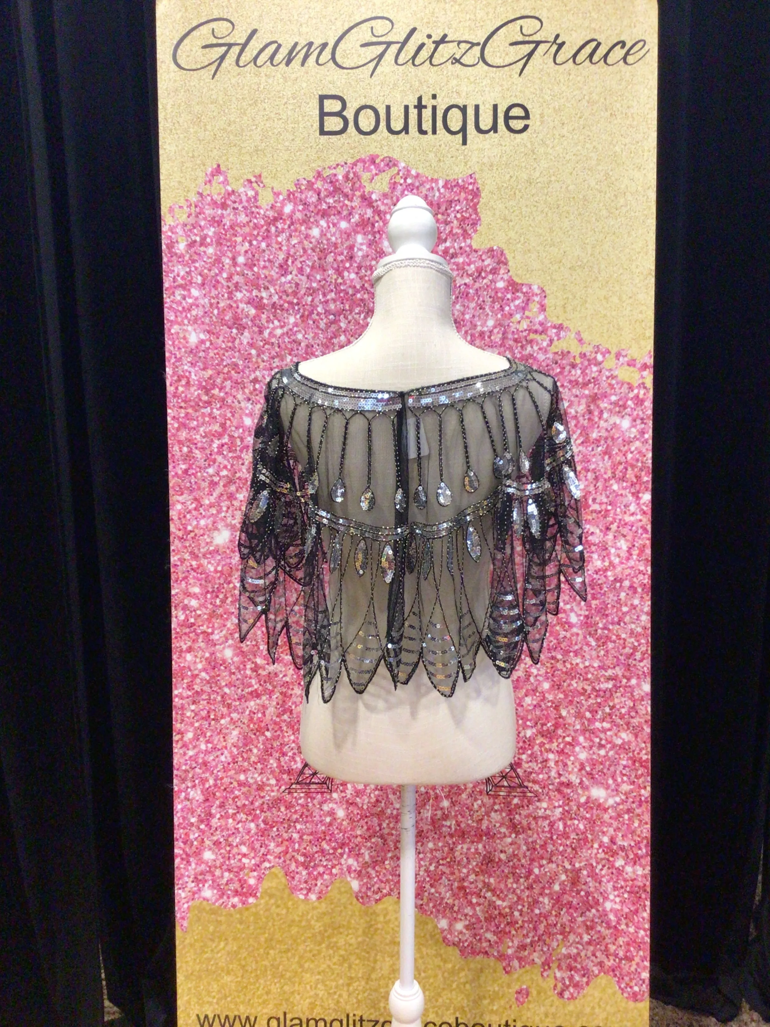 Black Silver Sequin Shawl Cape