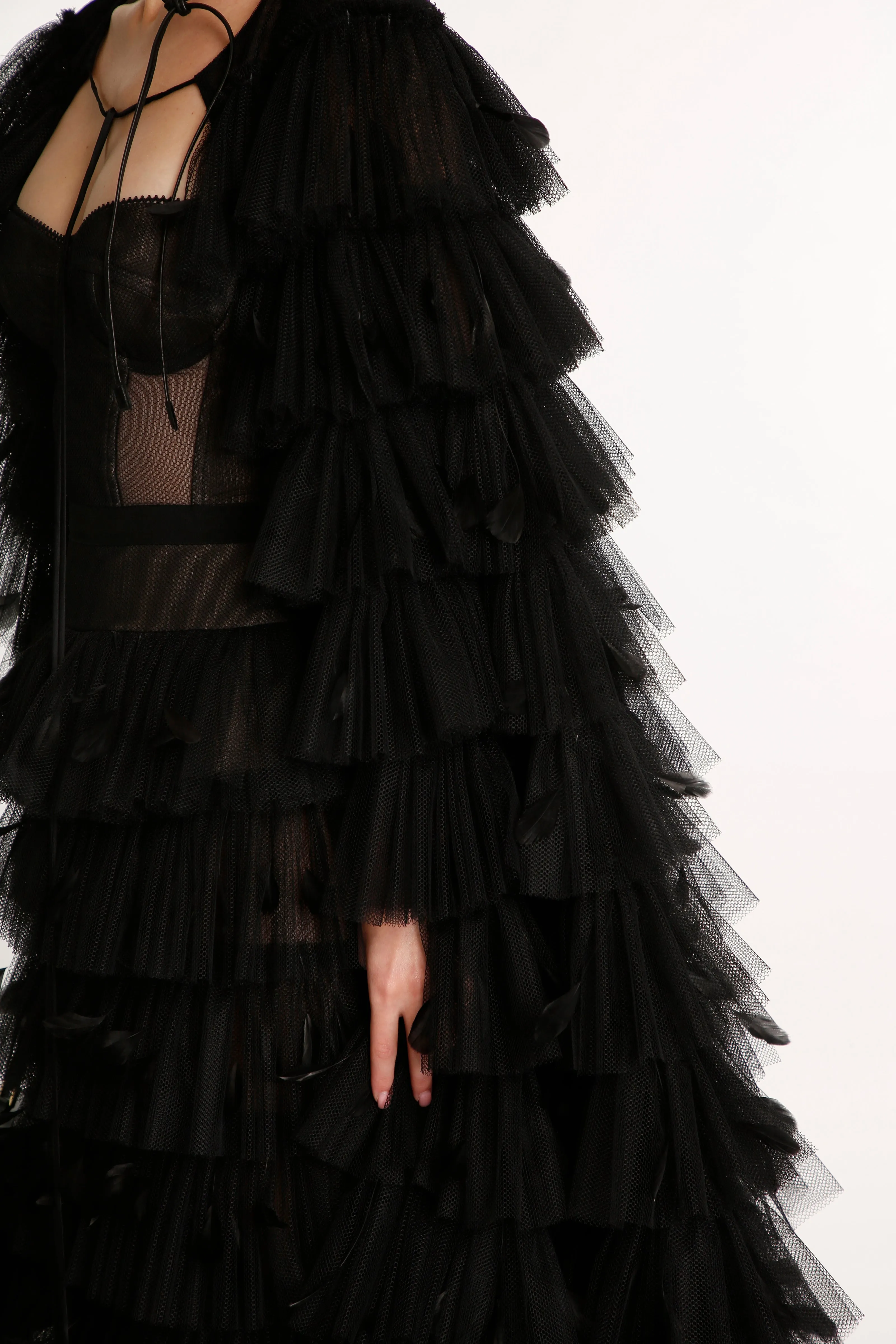 Black Tulle Feathered Cape