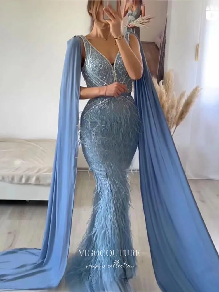 Blue Cape Sleeve Prom Dresses with Slit Beaded Mermaid Evening Dresses 21521