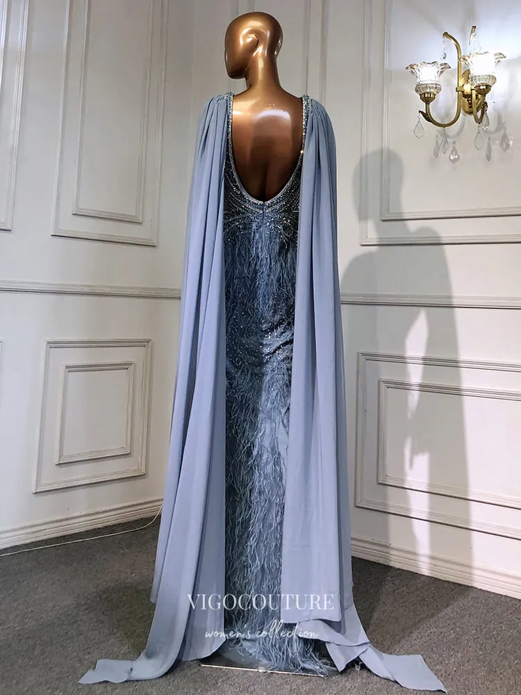 Blue Cape Sleeve Prom Dresses with Slit Beaded Mermaid Evening Dresses 21521