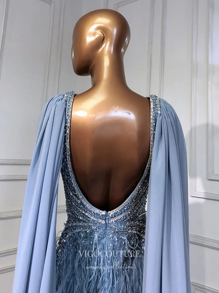 Blue Cape Sleeve Prom Dresses with Slit Beaded Mermaid Evening Dresses 21521