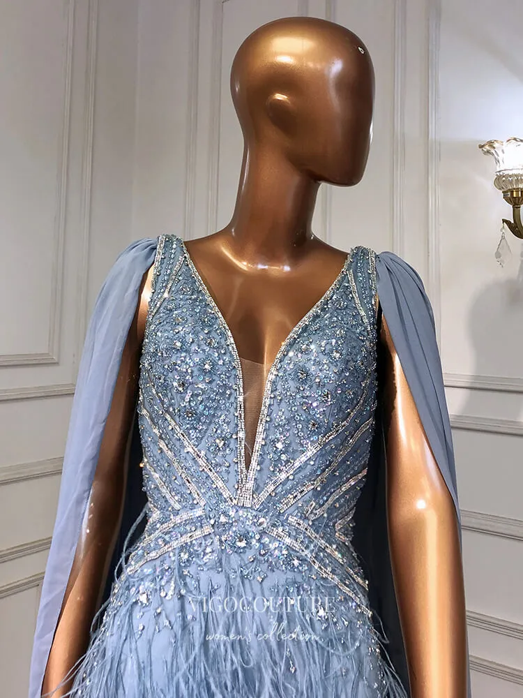 Blue Cape Sleeve Prom Dresses with Slit Beaded Mermaid Evening Dresses 21521
