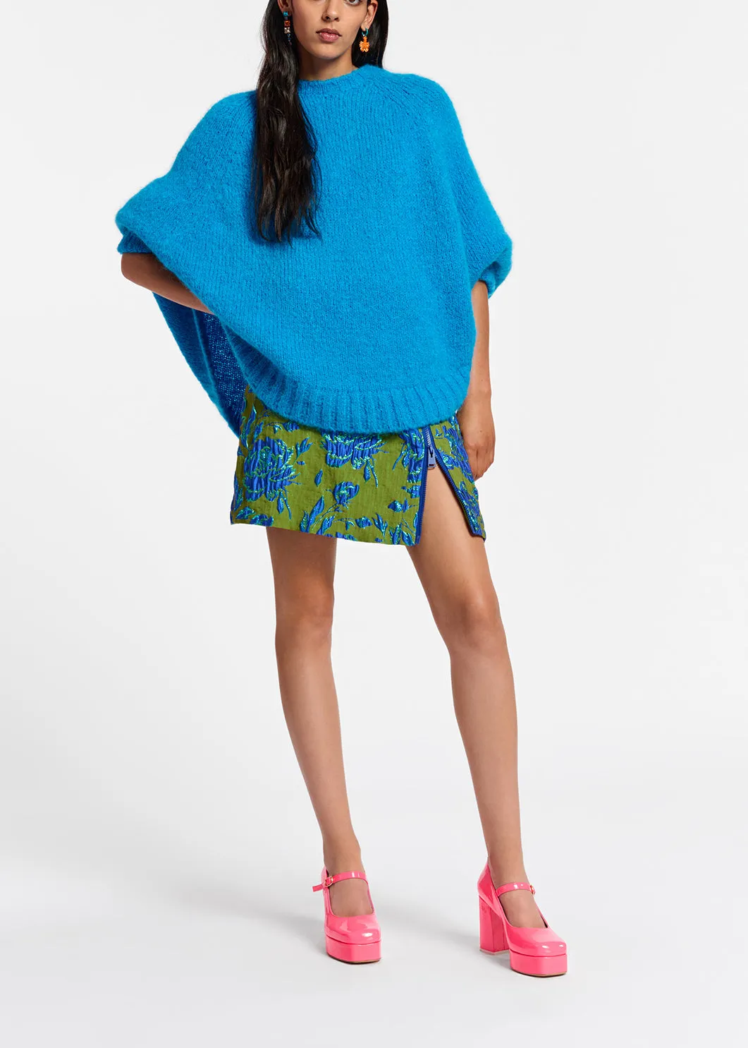 Blue knit sweater with cape effect
