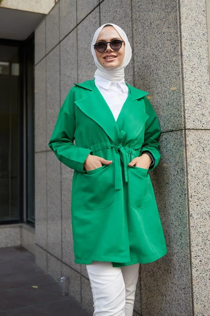 BNG Women Bell-Sleeved Hijab Short Trench Coat Green - Clermont