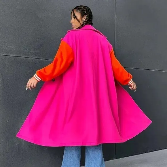 Callie Lives Oversized Varsity 2Face Pink & Orange Trench Coat Plus Size 0X