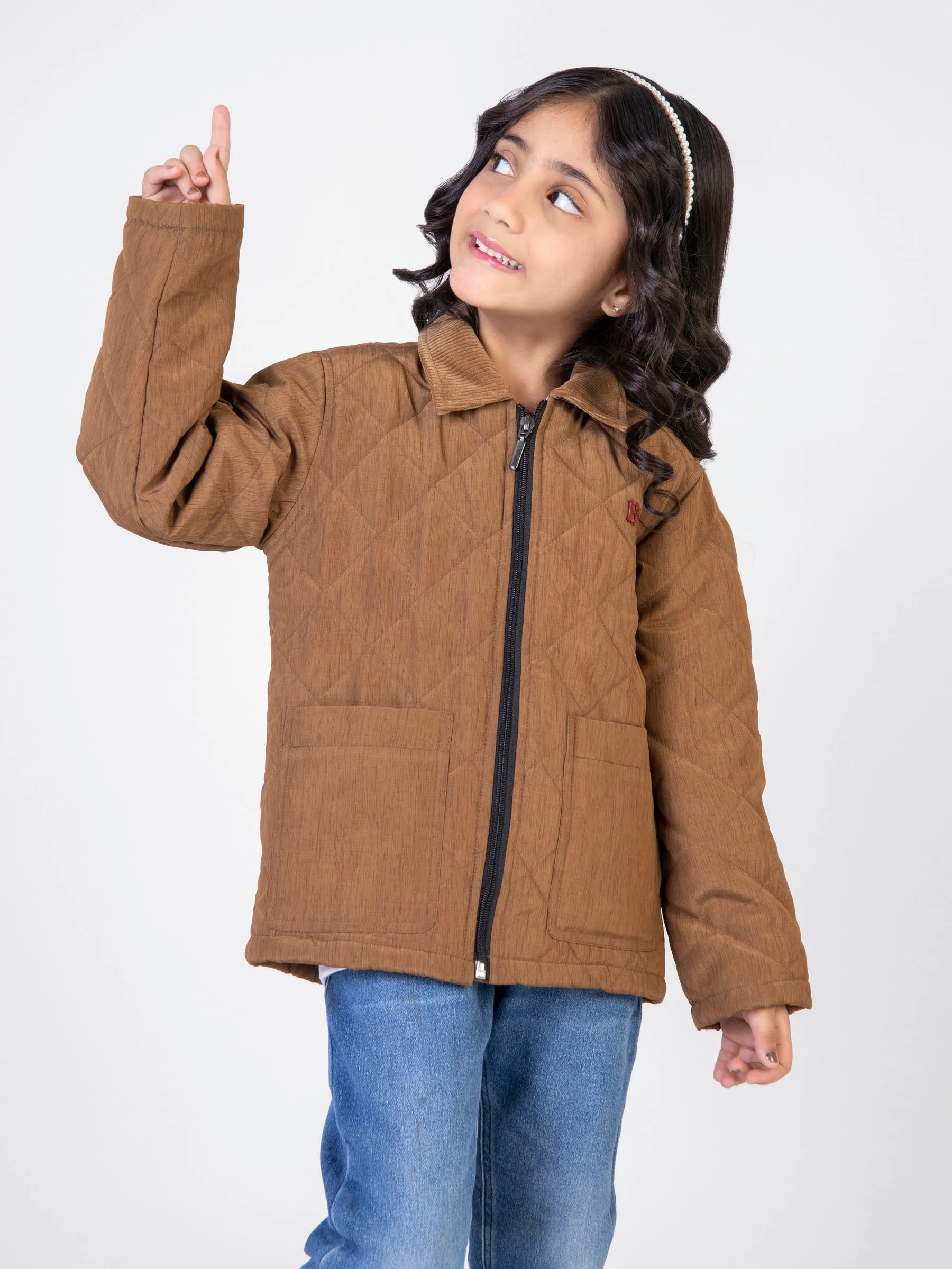 Camel Brown Padded Jacket With Corduroy Collar