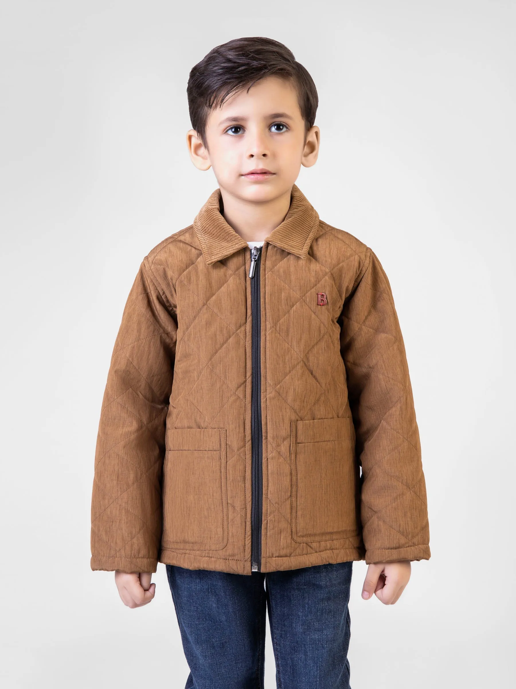 Camel Brown Padded Jacket With Corduroy Collar