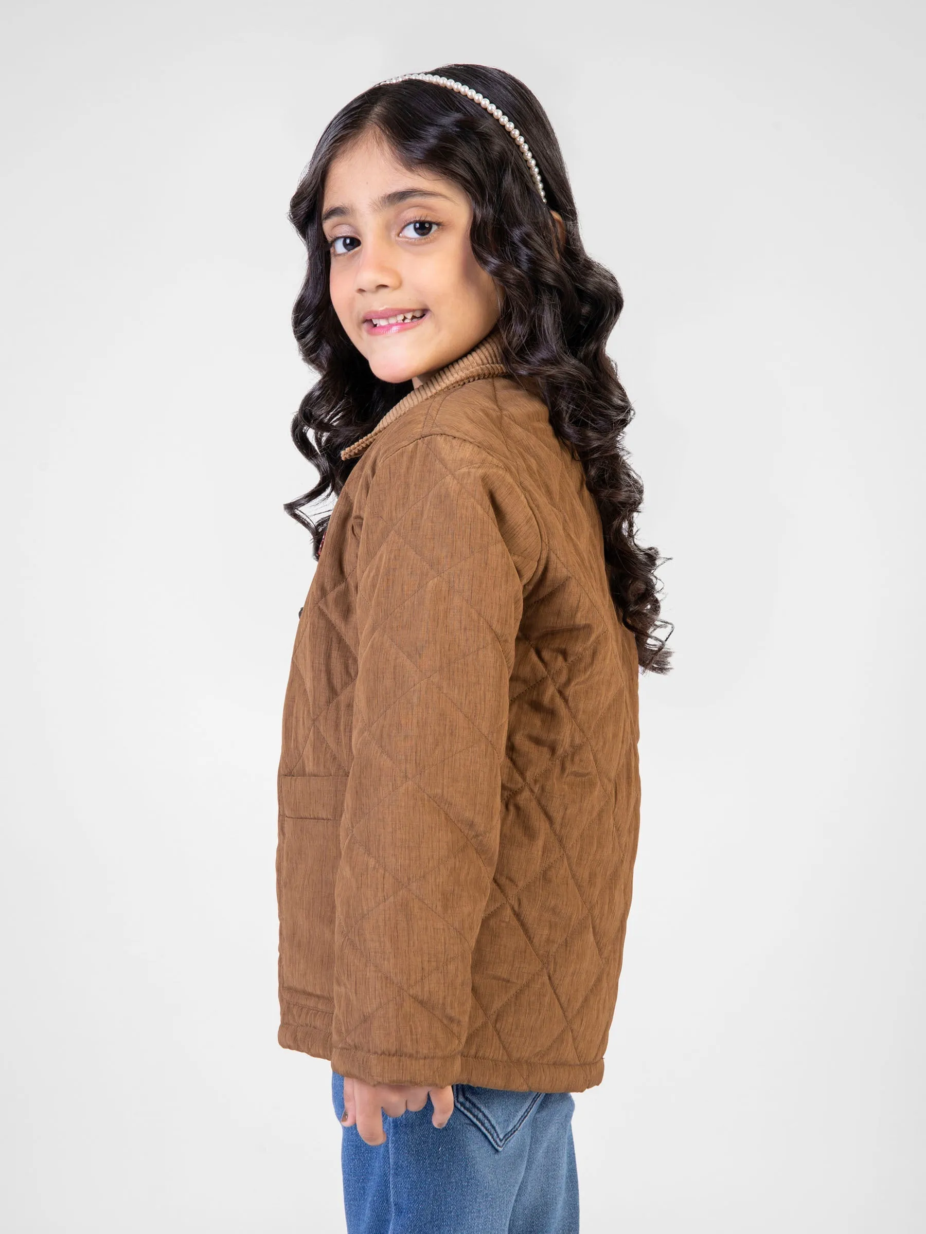 Camel Brown Padded Jacket With Corduroy Collar