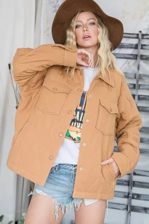 Camel Colored Raglan Quilted Shirt Jacket